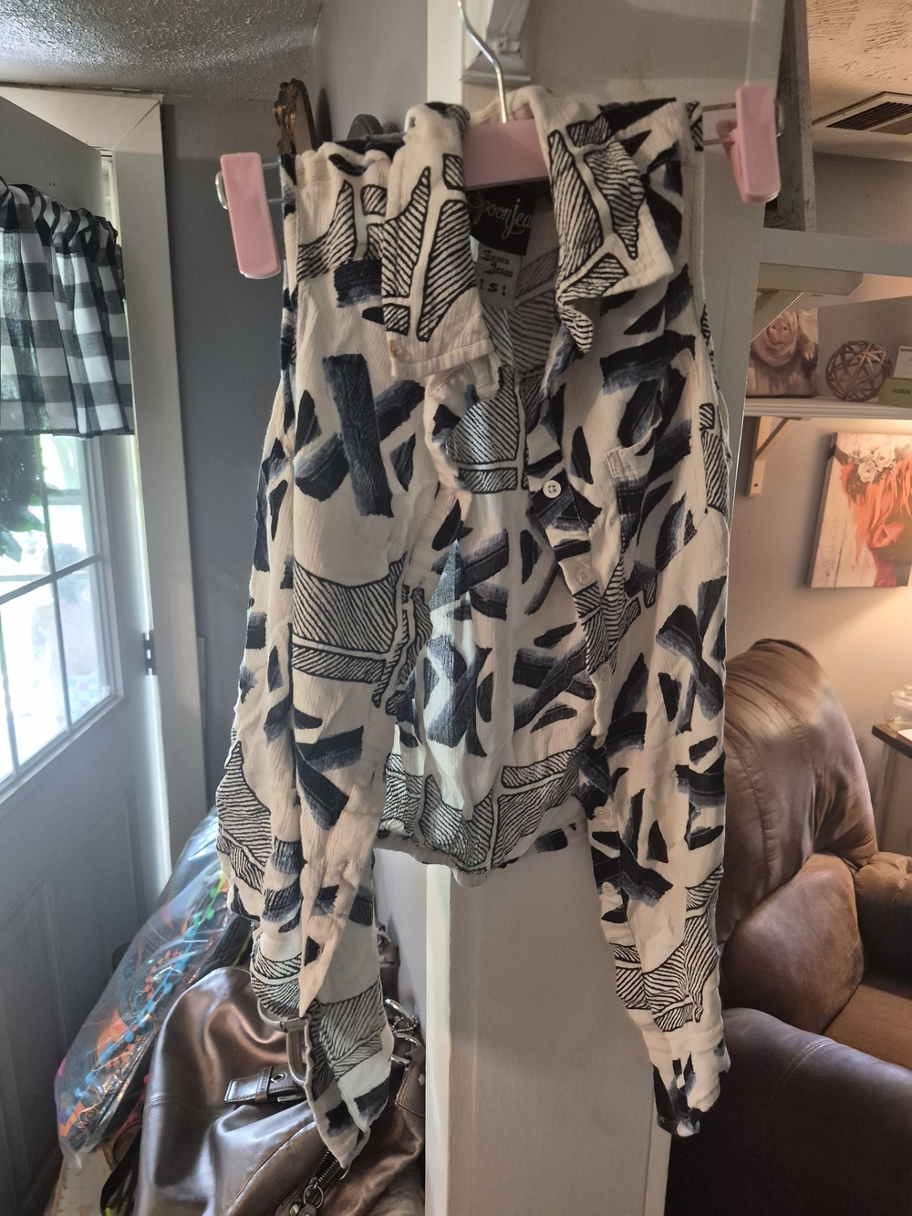 Spoon Jeans Lightweight Abstract Print Button-Up Blouse - Black & White